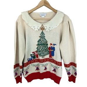 Sweater Loft New York Vintage Ugly Christmas Sweater 1980s Peter Pan Collar M